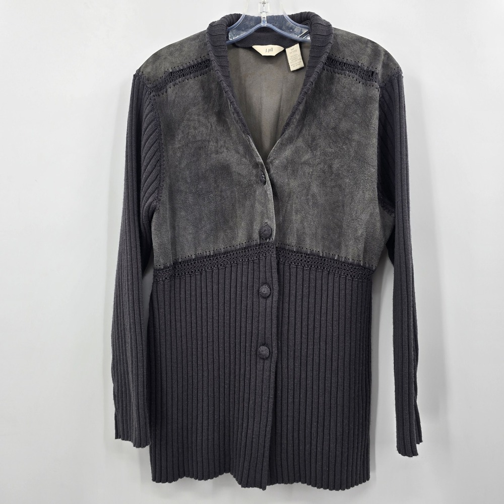 J. Jill Jacket Womens Medium Petite Gray Suede Leather Knit Cardigan Sweater